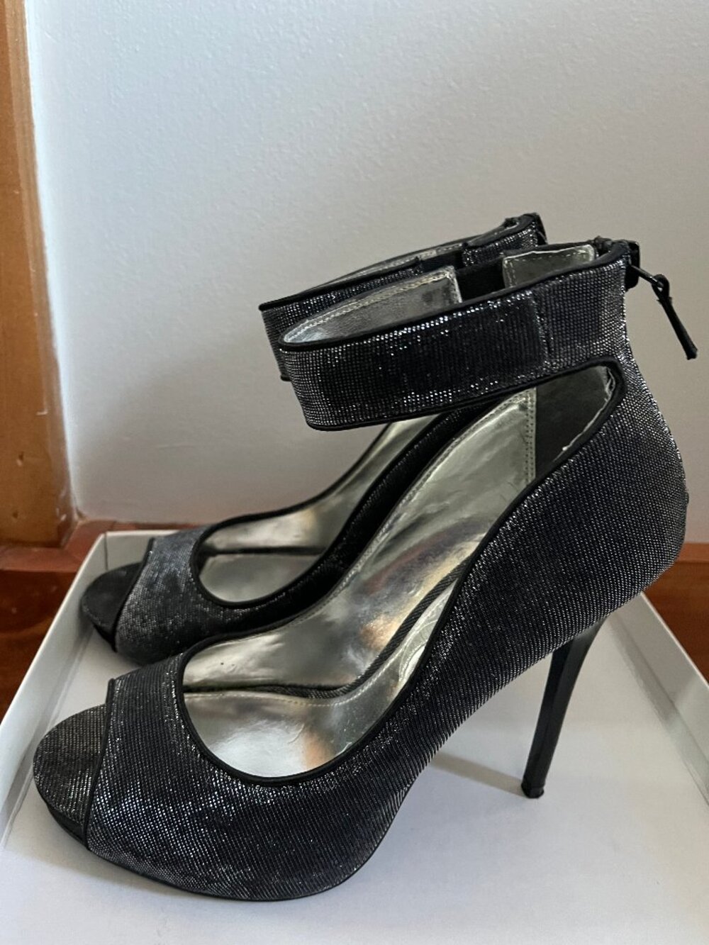 Nina smokey grey and black shiny high peep-toe heels